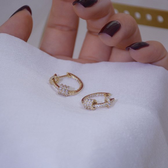 NEW 14K Gold Plated Diamond Circle Huggie Hoops - Picture 2 of 5